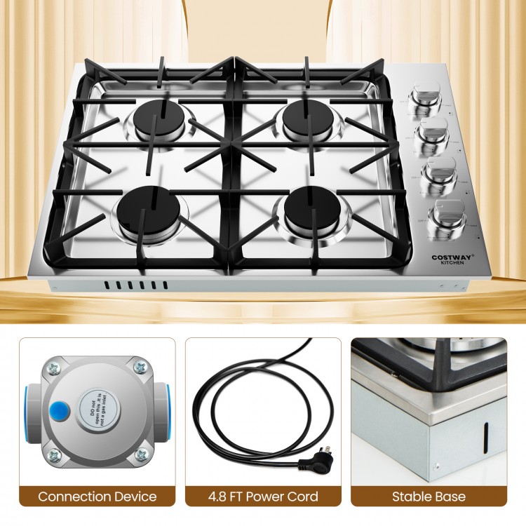 30-inch gas cooktop with four powerful burners, ABS knobs, and a smooth stainless steel surface for efficient cooking.
