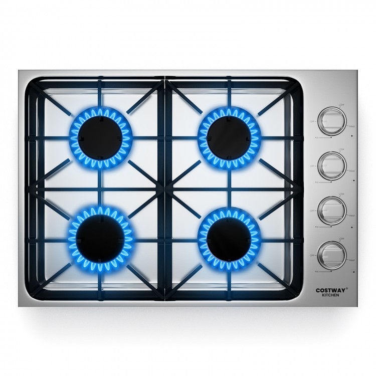 30-inch gas cooktop with 4 powerful burners, ABS knobs, and a smooth stainless steel surface for easy cleaning.