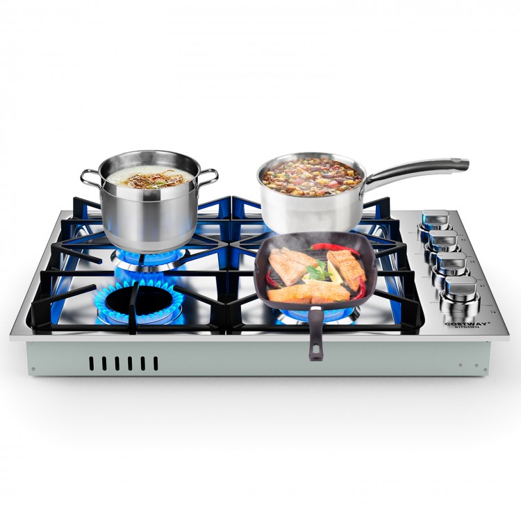 30-inch gas cooktop with four powerful burners, stainless steel surface, and pots for versatile cooking options.