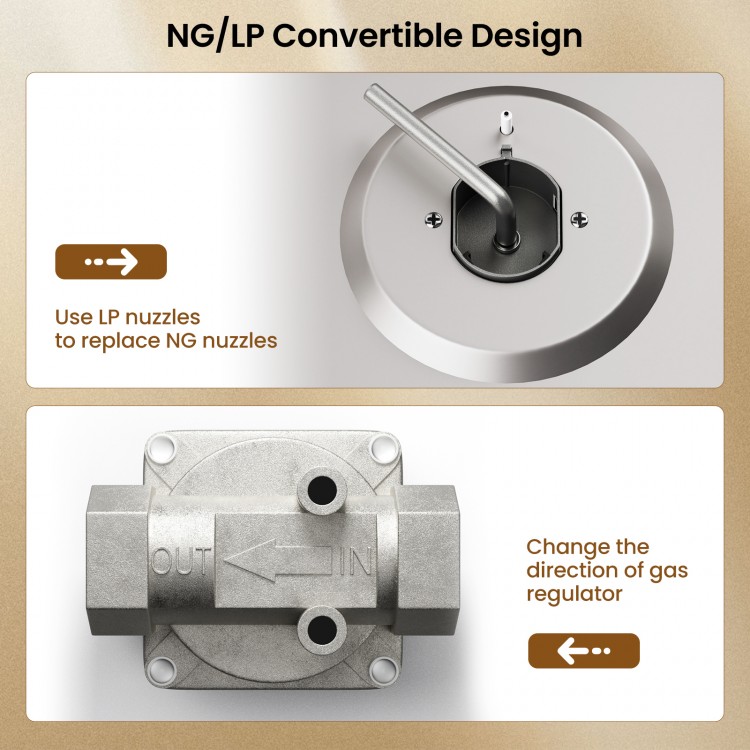 NG/LP convertible design detail of the 30-inch gas cooktop with adjustable knobs for versatile cooking options.
