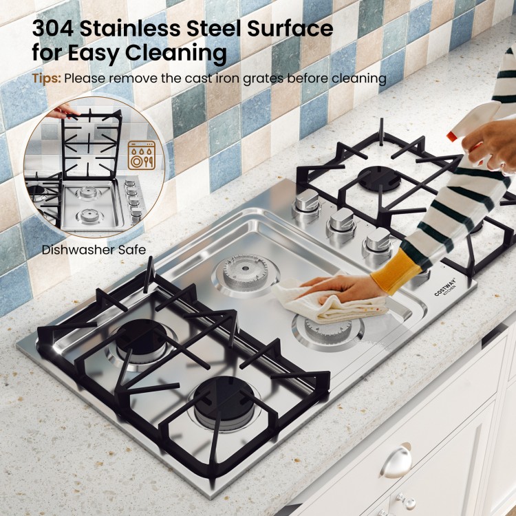 30-inch gas cooktop with 4 powerful burners and smooth 304 stainless steel surface, designed for easy cleaning and.