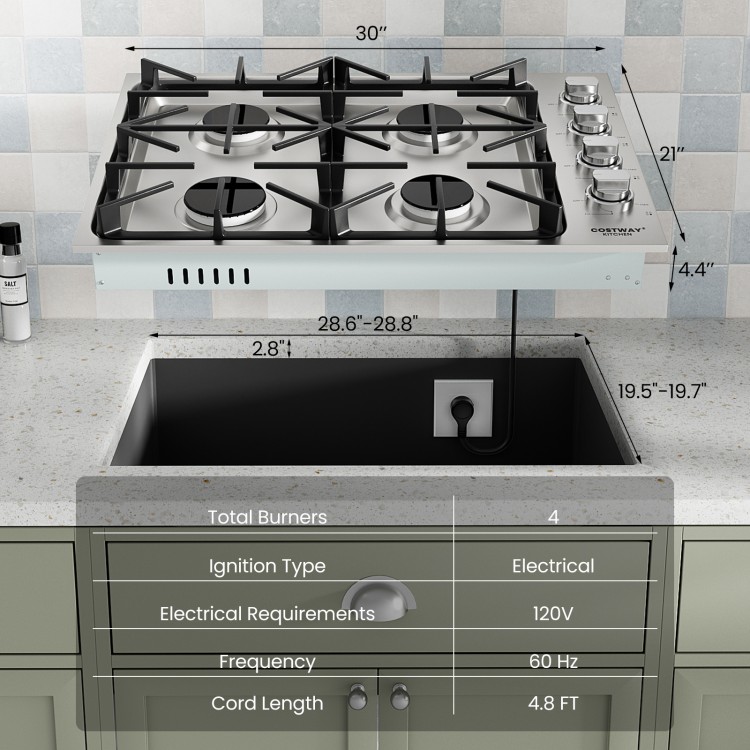 30-inch gas cooktop with 4 powerful burners, ABS knobs, and stainless steel surface for efficient cooking and easy.