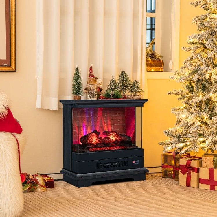 Freestanding black fireplace with remote control, featuring a multi-color flame effect, ideal for cozy indoor settings.