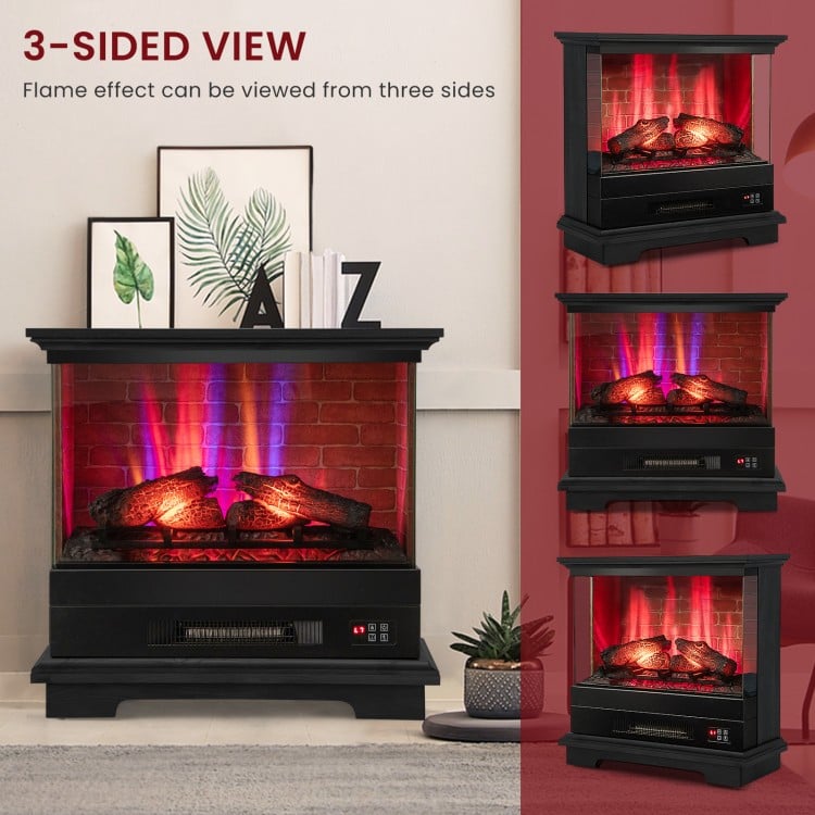 Freestanding 27-inch black fireplace with multi-color flame effect, remote control, and adjustable heating for cozy.