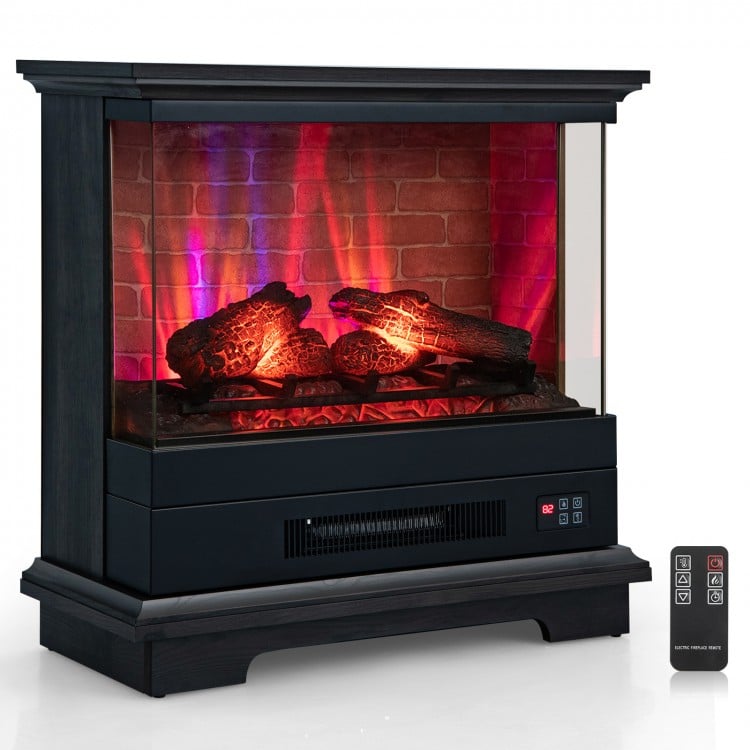 Freestanding black fireplace with multi-color flame effect, remote control, and adjustable heating for cozy ambiance.