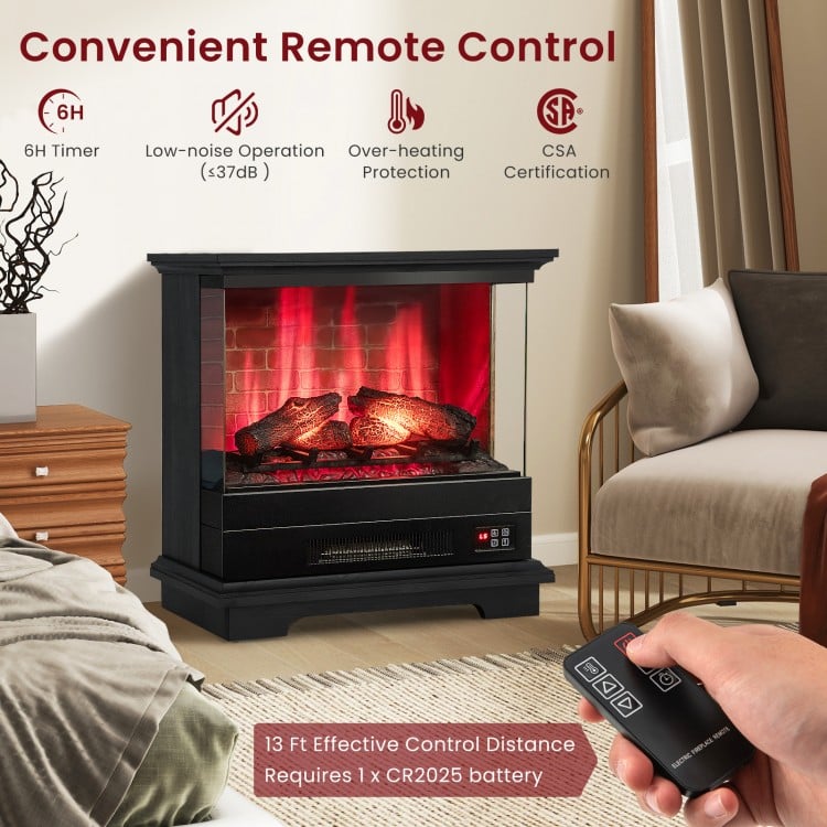 Freestanding black fireplace with remote control, featuring a multi-color flame effect and adjustable heating for cozy.
