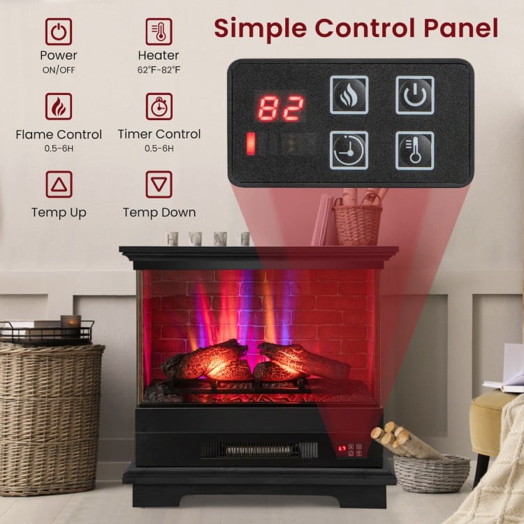 Freestanding black fireplace control panel showing temperature settings and flame control for easy operation.