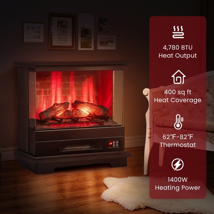Freestanding black fireplace with multi-color flame effect, remote control, and 4780 BTU heat output for cozy warmth.