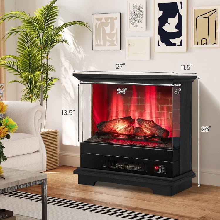 Freestanding black fireplace with remote control, featuring a 7-level multi-color flame effect and 4780 BTU heat output.