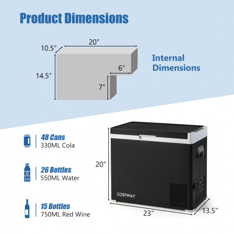 Portable 53QT dual zone car refrigerator with independent temp control, ideal for camping and travel, in black.