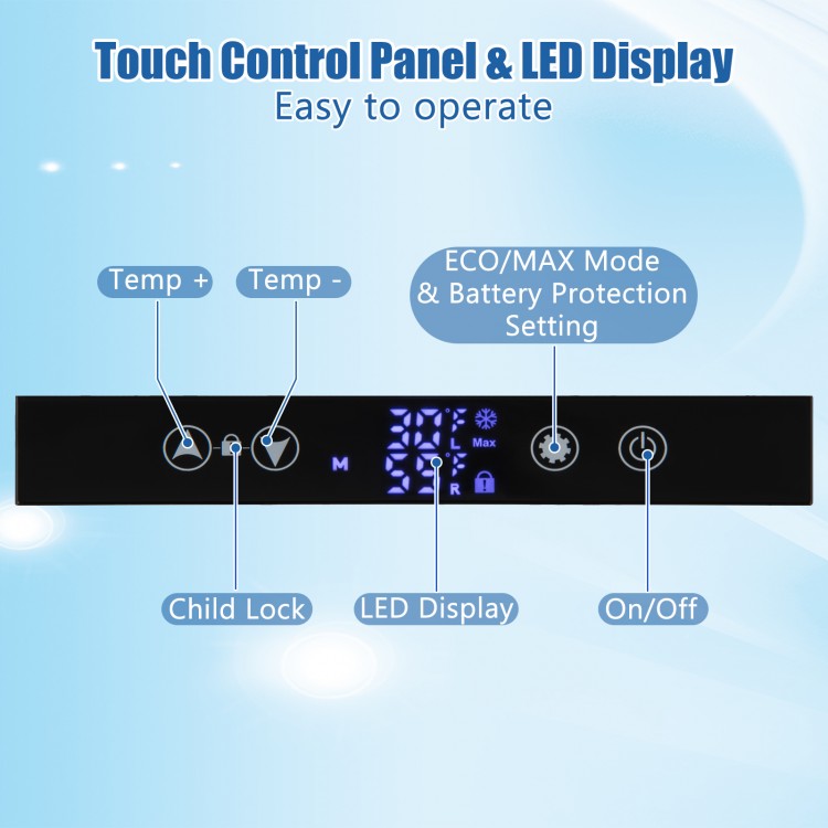 Touch control panel with LED display for the 53QT portable dual zone car refrigerator, featuring easy operation and.