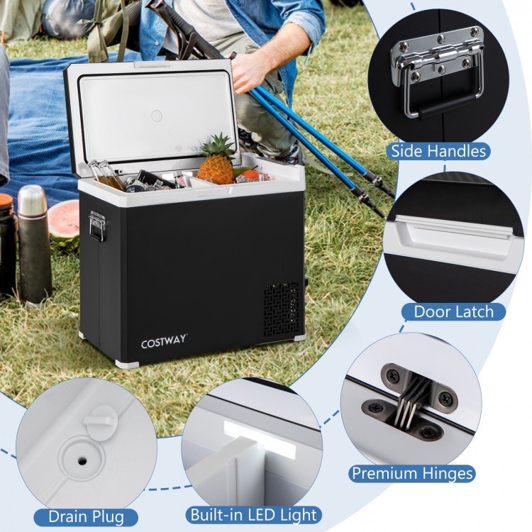 53QT portable dual zone car refrigerator in black with side handles, LED light, and drain plug for camping and travel.