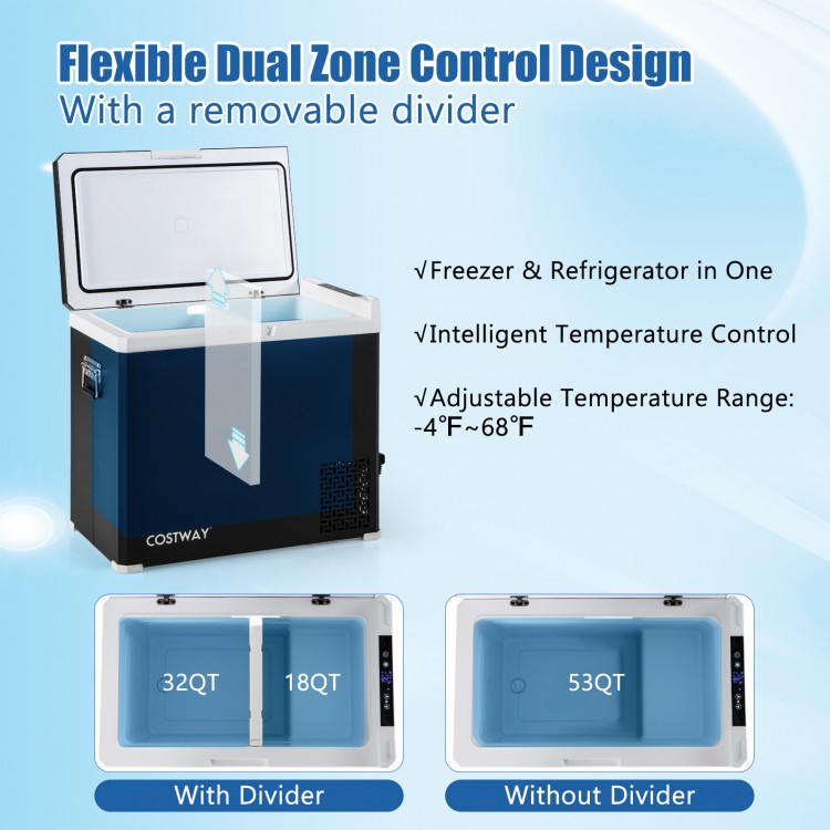 53QT portable dual zone car refrigerator with removable divider, ideal for camping and travel, featuring independent.