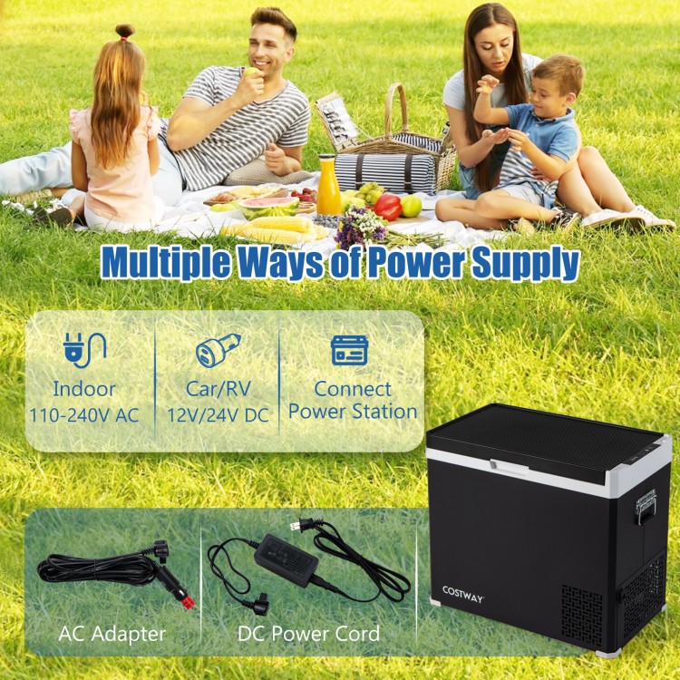 Portable 53QT dual zone car refrigerator in black, featuring AC/DC power supply options for camping and travel.