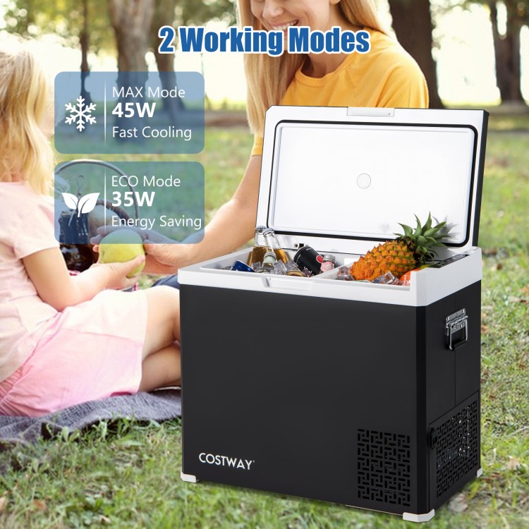 Portable 53QT dual zone car refrigerator in black with independent temp control, ideal for camping and travel.
