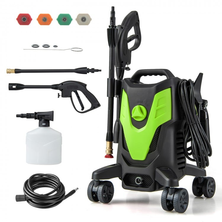 2400 PSI electric pressure washer in green with 4 universal wheels, 4 nozzles, and a soap bottle for versatile cleaning.