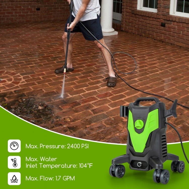 Electric pressure washer with 2400 PSI, 4 universal wheels, and user-friendly design for versatile cleaning tasks.