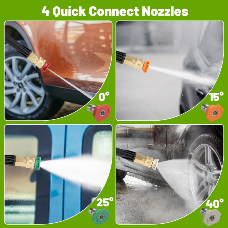 Close-up of 0°, 15°, 25°, and 40° quick connect nozzles for the 2400 PSI electric pressure washer, ideal for versatile.