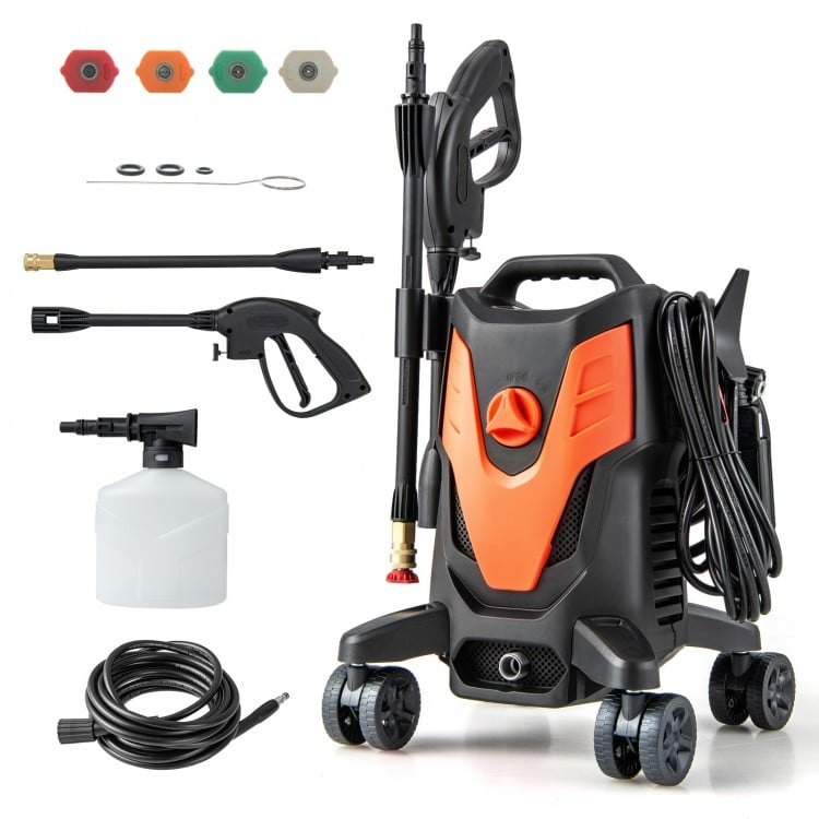 2400 PSI electric pressure washer in orange with 4 wheels, nozzles, and accessories for versatile cleaning tasks.