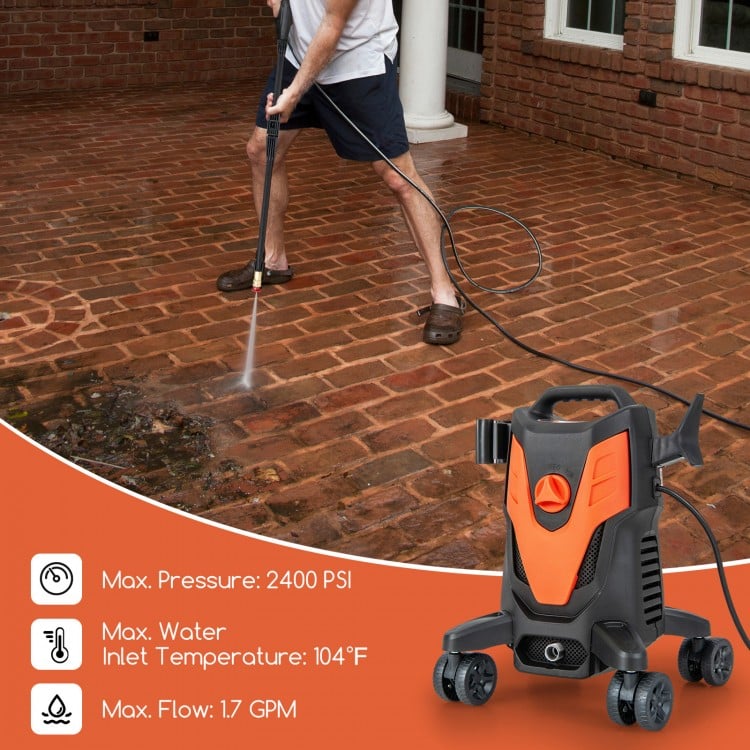 Electric pressure washer with 2400 PSI, 4 universal wheels, and multiple nozzles for versatile outdoor cleaning.