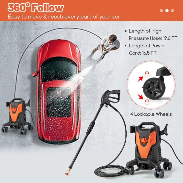 2400 PSI electric pressure washer with 4 universal wheels, ideal for car washing and versatile cleaning tasks.