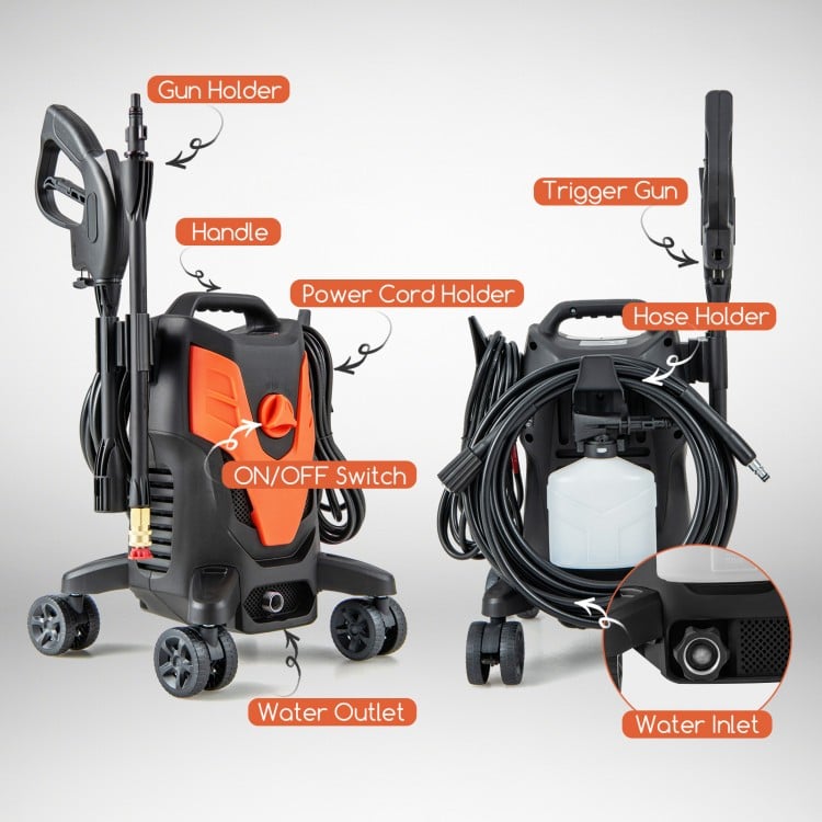 2400 PSI electric pressure washer with 4 universal wheels, featuring a hose holder and storage brackets for easy.