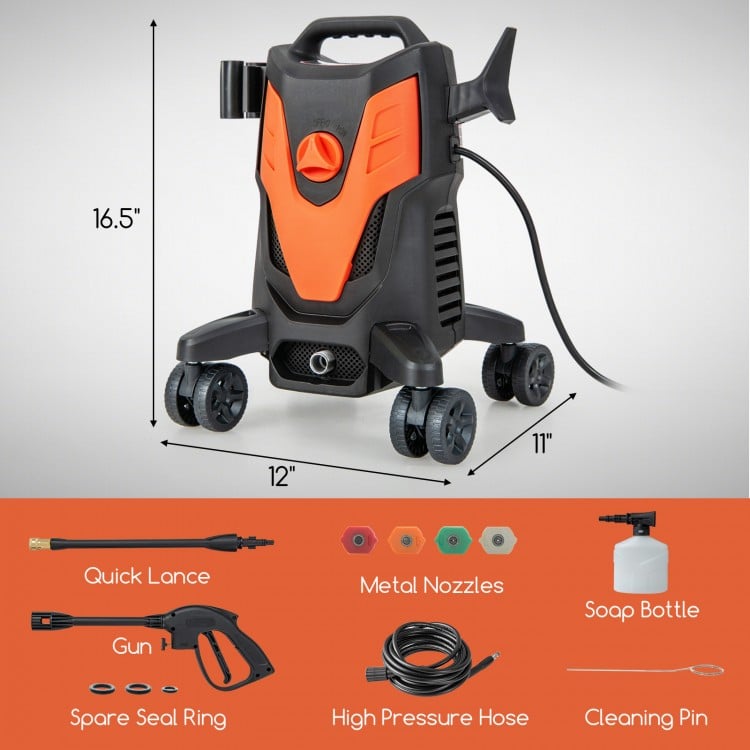2400 PSI electric pressure washer in orange with 4 wheels, nozzles, and soap bottle for versatile cleaning tasks.
