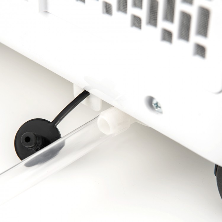 Close-up of the drainage outlet on the 8000 BTU portable air conditioner, designed for easy maintenance and mobility.