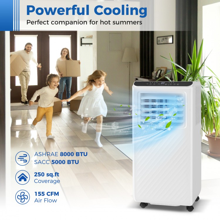 8000 BTU portable air conditioner with fan and dehumidifier, featuring an easy-to-read LED display and remote control.