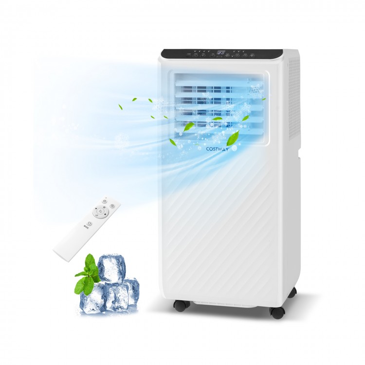 Portable 8000 BTU air conditioner with remote control, featuring cooling, dehumidifying, and fan functions for.