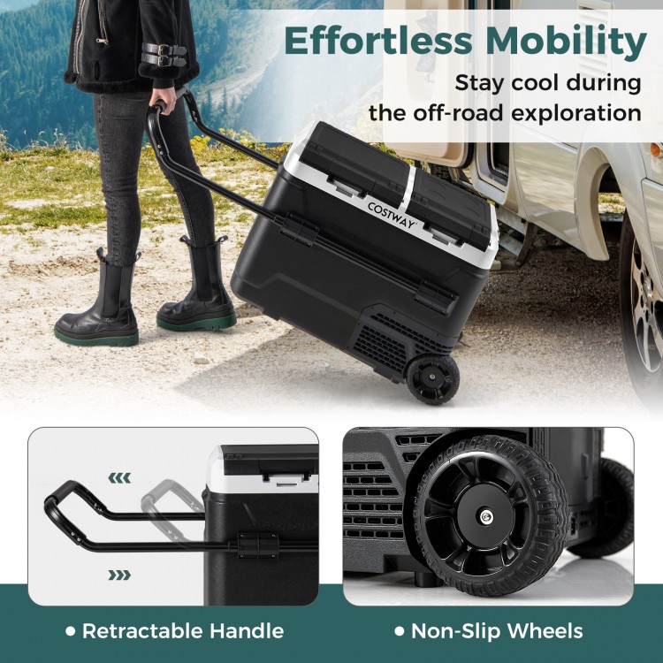 Dual zone 12V car refrigerator with retractable handle and non-slip wheels, perfect for camping and outdoor use.
