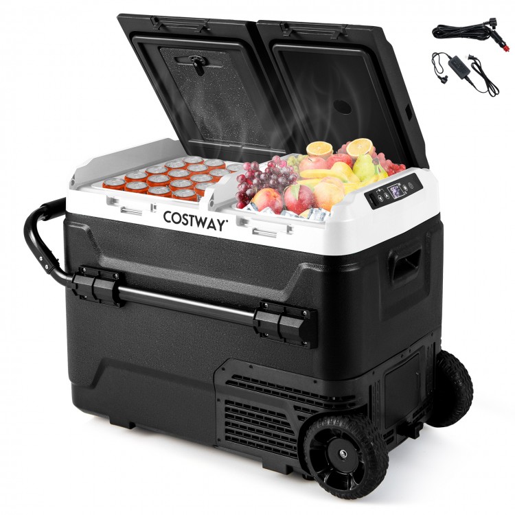 Dual zone 12V car refrigerator in black with fruits, featuring a powerful compressor and portable design for outdoor.