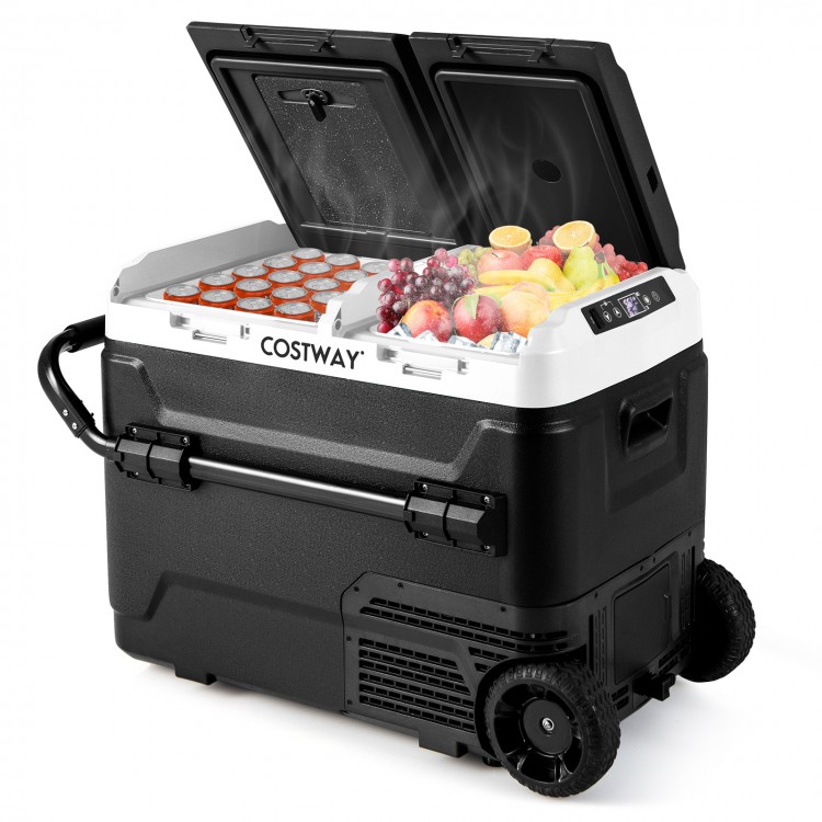 Dual zone 12V car refrigerator in black with LED touch panel, wheels, and cup holders, ideal for camping and outdoor.