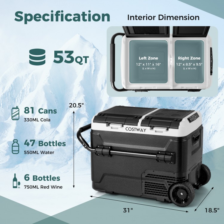 Dual zone 12V car refrigerator with 53QT capacity, featuring wheels, LED touch panel, and cup holders for outdoor use.