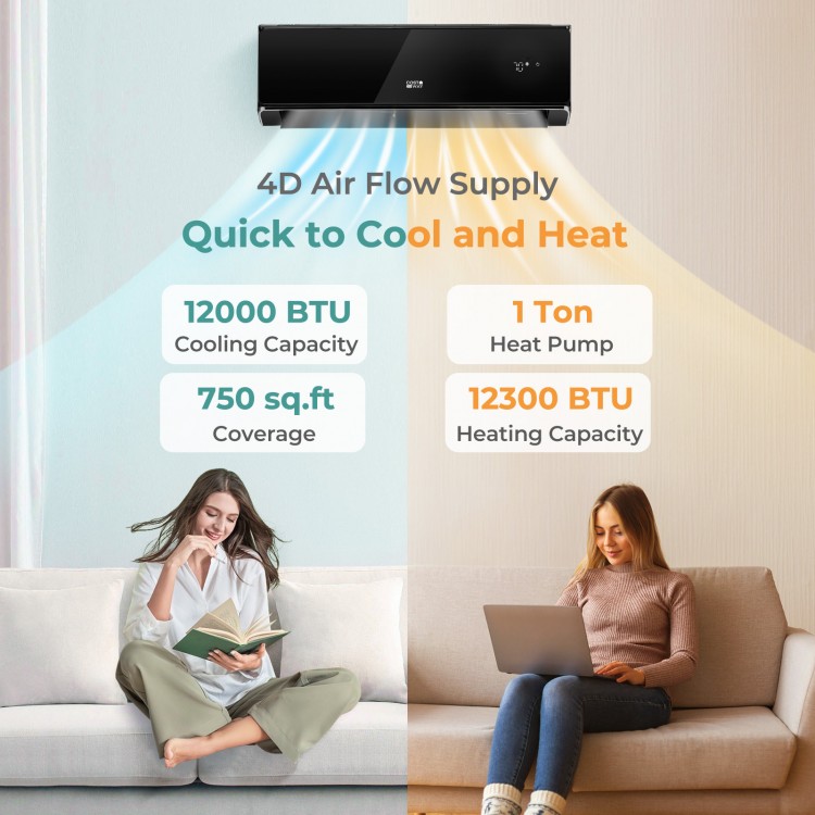 12000 BTU mini split air conditioner and heater in black, showcasing 4-in-1 functionality for efficient cooling and.