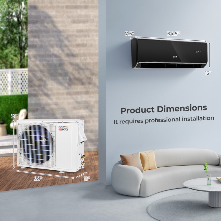 Mini split air conditioner and heater with 12000 BTU, WiFi enabled, shown with dimensions for professional installation.