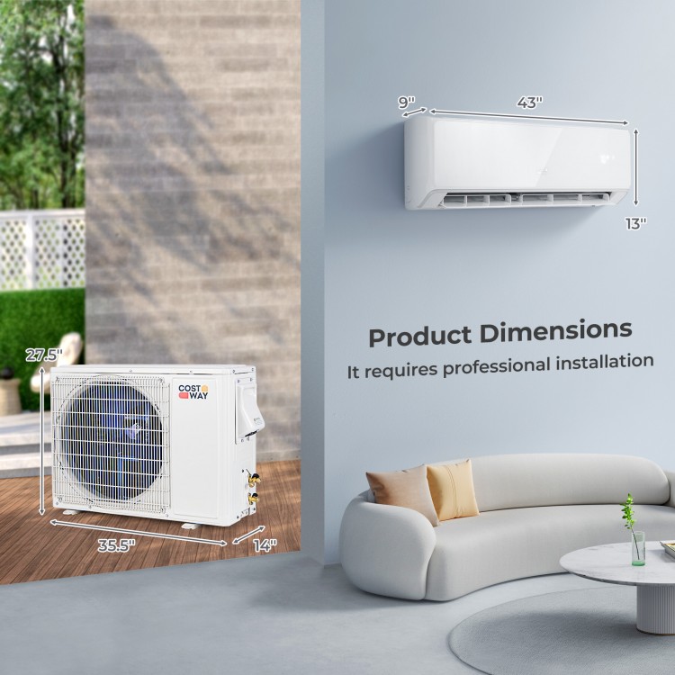 Mini split air conditioner and heater unit with dimensions 43"x13", featuring WiFi control and energy-efficient.