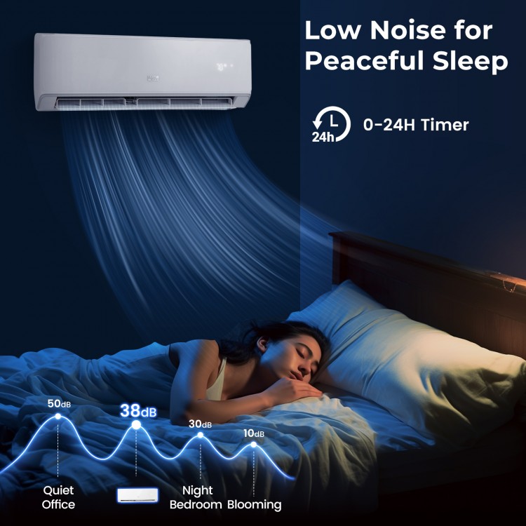 Mini split air conditioner with WiFi, 24000 BTU, 21 SEER2, featuring quiet sleep mode and 0-24 hour timer for comfort.