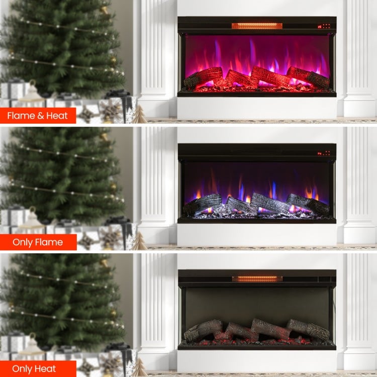 Three-sided view of a 36-inch electric fireplace with 7-color flame and ember bed, offering heat and ambiance for cozy.