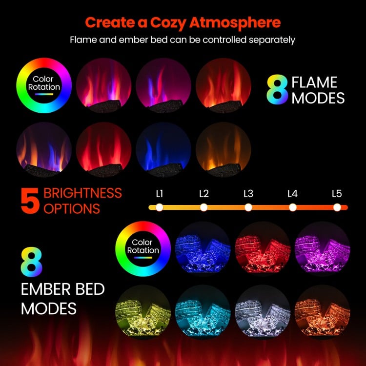 3-sided electric fireplace showcasing 7-color flames and ember bed modes, with adjustable brightness for cozy ambiance.