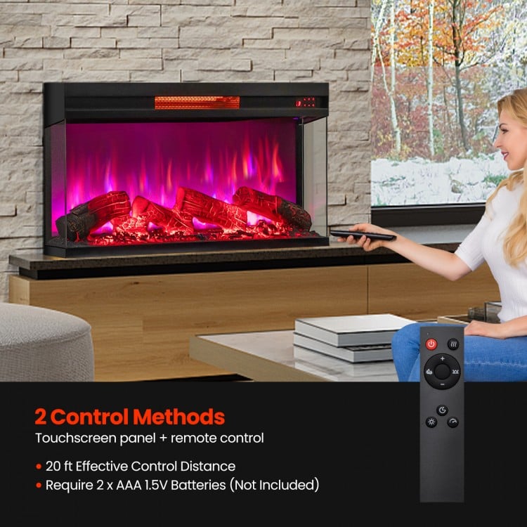 Three-sided 36-inch electric fireplace in black with 7-color flame, remote control, and adjustable heating for cozy.