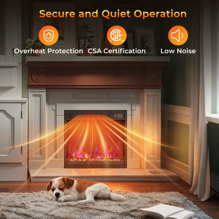 18-inch electric fireplace insert with remote control, featuring low noise, CSA certification, and adjustable flame.