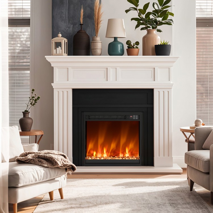 Electric fireplace insert with remote control, 1500W, 8 flame colors, and 5120 BTU output for cozy indoor ambiance.