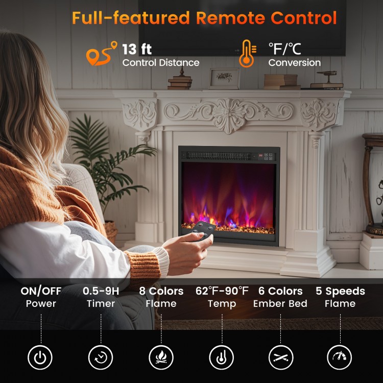 Remote control for the 18-inch electric fireplace insert, featuring 8 flame colors and adjustable temperature settings.