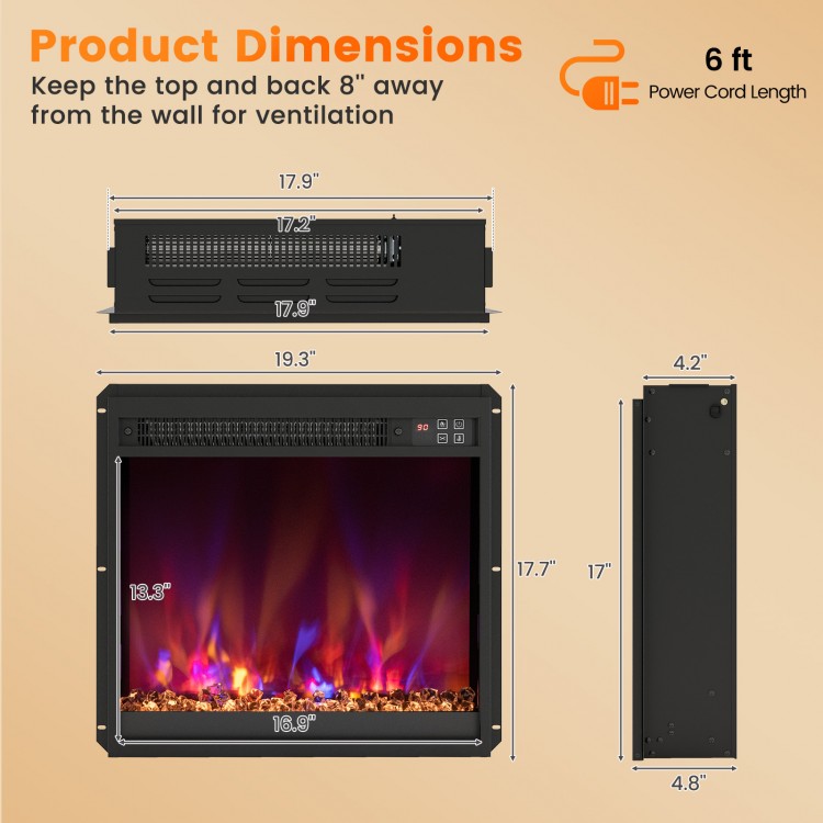 18-inch electric fireplace insert with remote control, 1500W power, adjustable temperature, and 8 flame colors for cozy.