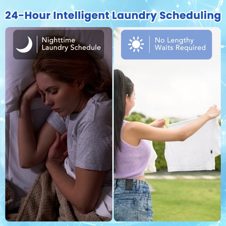 Full-automatic washing machine with 11 lbs capacity, featuring a stainless steel inner and 24-hour laundry scheduling.