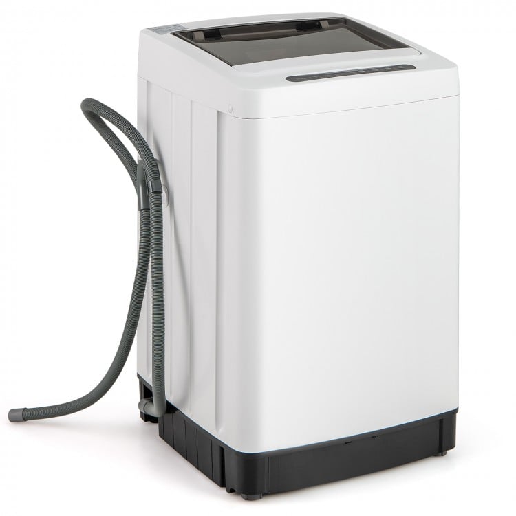 Compact full-automatic washing machine in white with a 300W motor, 11 lbs capacity, and built-in drain pump for.