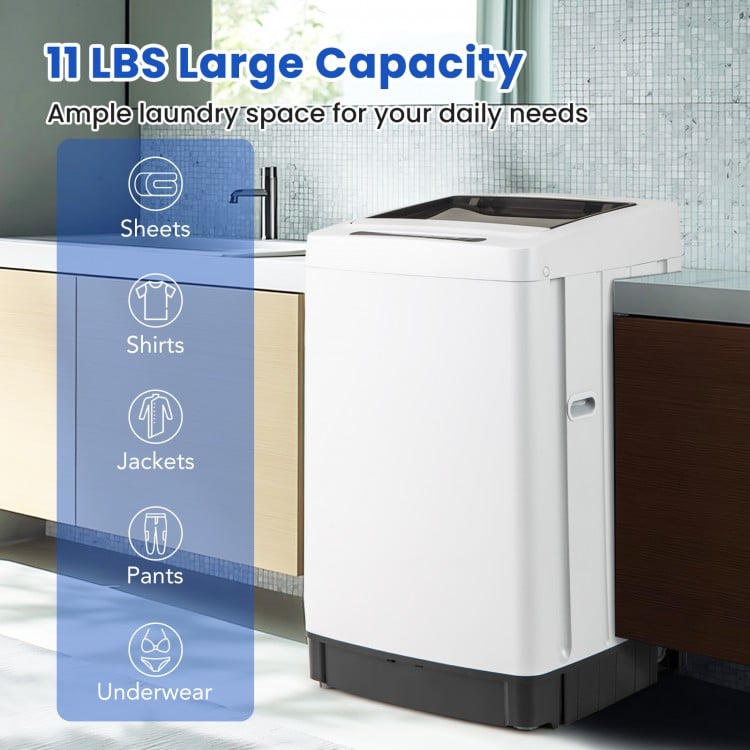 Full-automatic washing machine with 11 lbs capacity, stainless steel inner, and compact design for apartments and dorms.