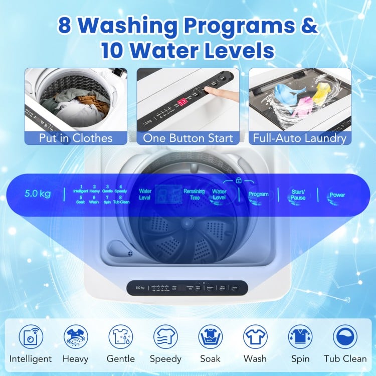 Full-automatic washing machine in white with 11 lbs capacity, featuring 8 washing programs and child lock for safety.