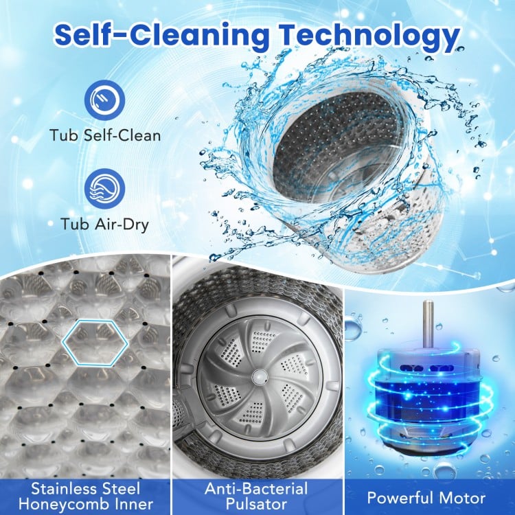 Self-cleaning tub with stainless steel honeycomb inner and powerful motor for efficient washing and spinning.